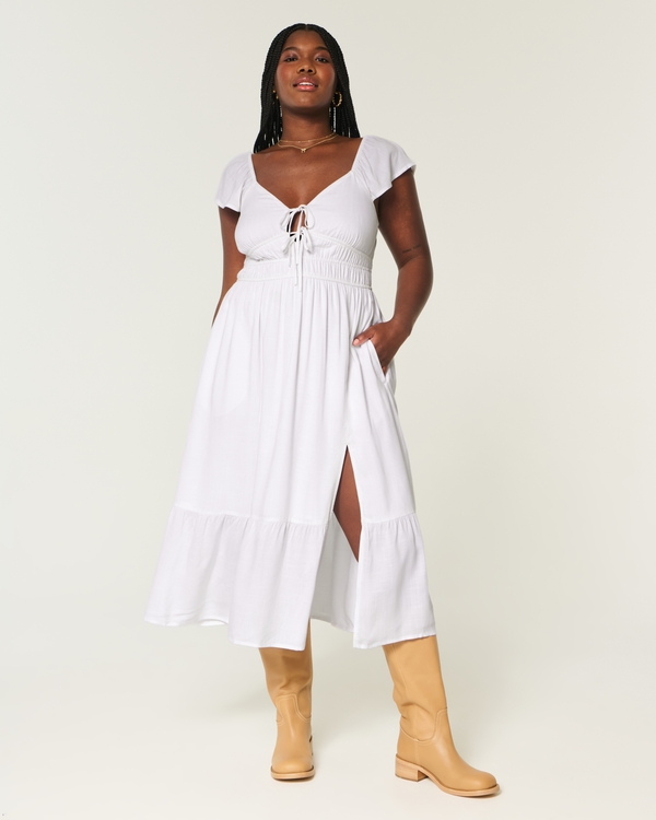 Flutter Sleeve Double-Tie Midi Dress, White view 1