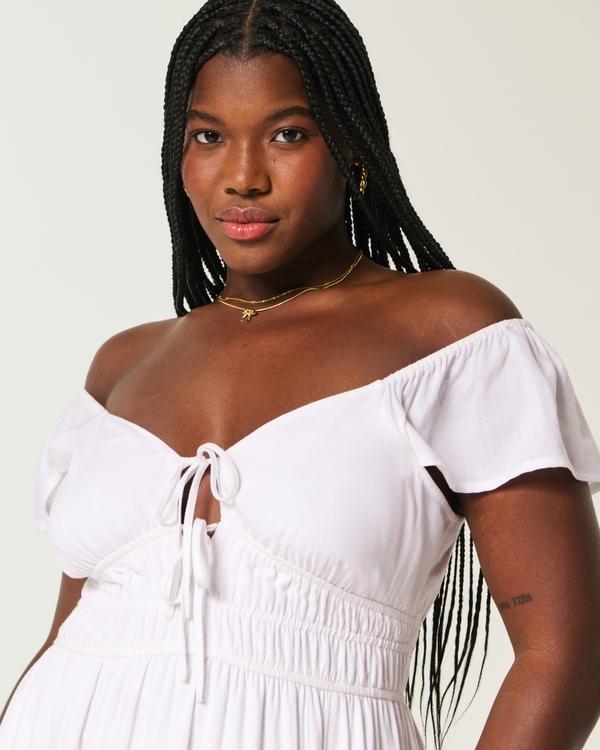 Flutter Sleeve Double-Tie Midi Dress, White view 2