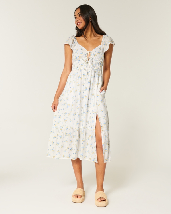 Flutter Sleeve Double-Tie Midi Dress, White Floral view 1