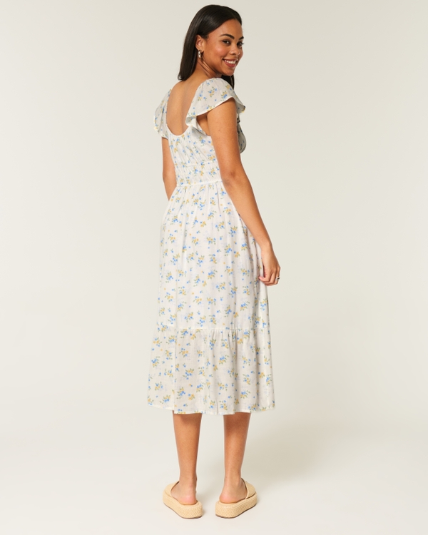 Flutter Sleeve Double-Tie Midi Dress, White Floral view 2