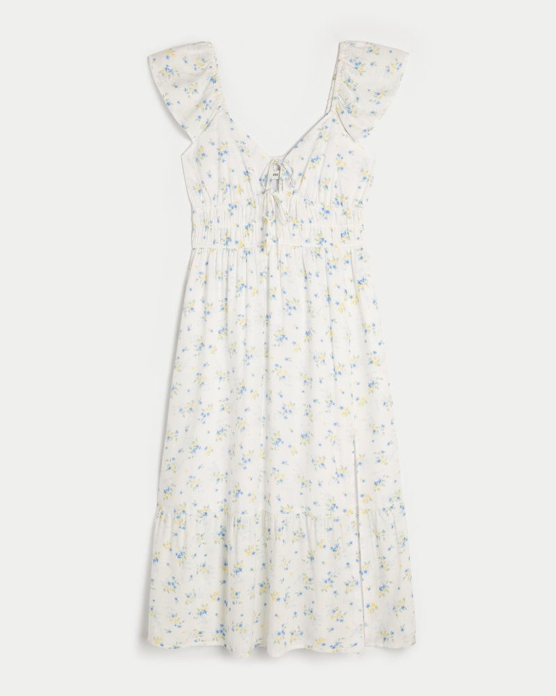 Flutter Sleeve Double-Tie Midi Dress