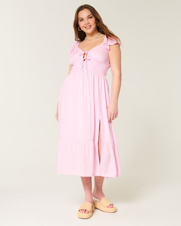 Flutter Sleeve Double-Tie Midi Dress, Rose Quartz view 1