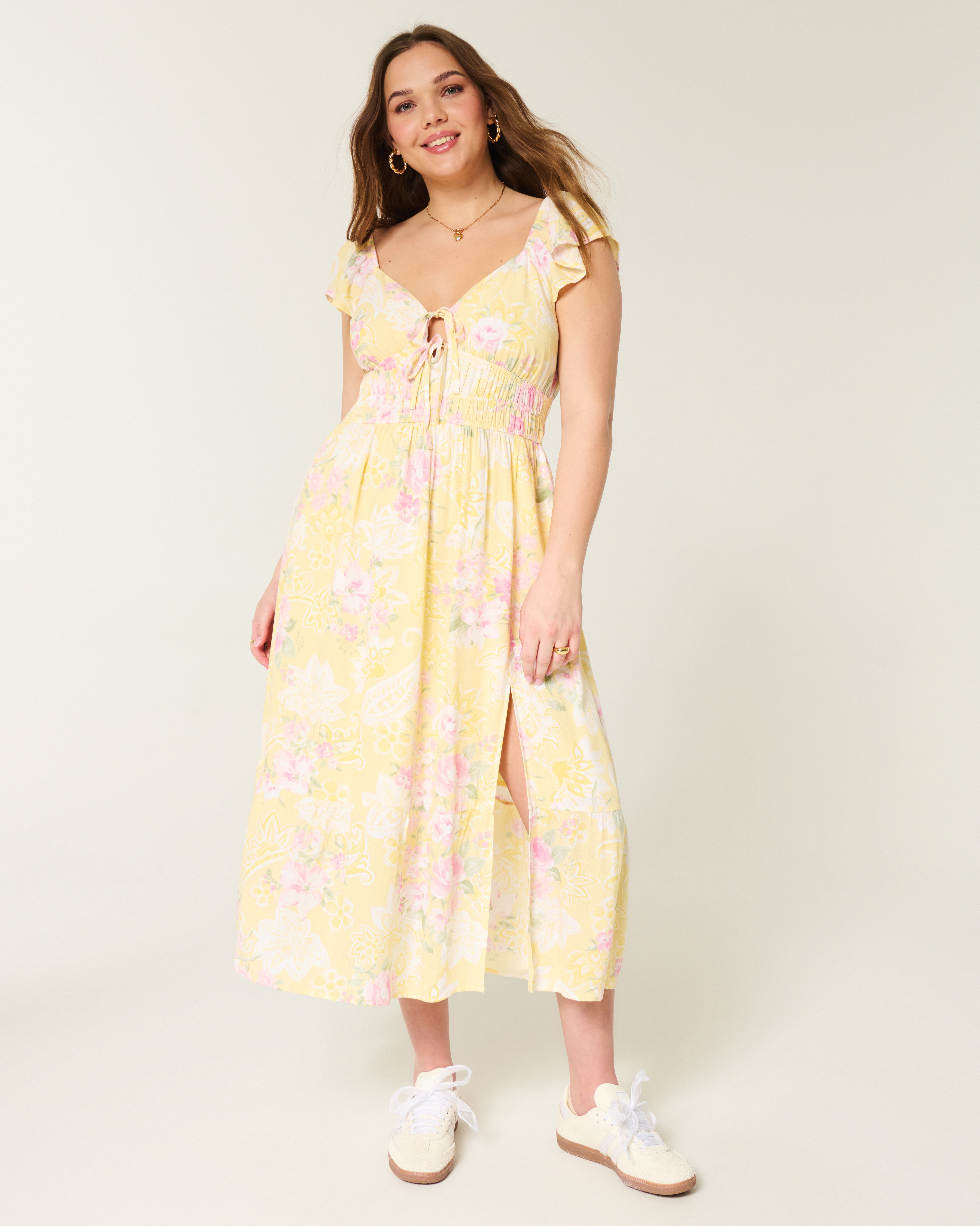 Flutter Sleeve Double-Tie Midi Dress
