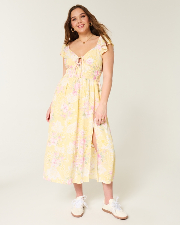 Flutter Sleeve Double-Tie Midi Dress, Butter Yellow Floral view 1