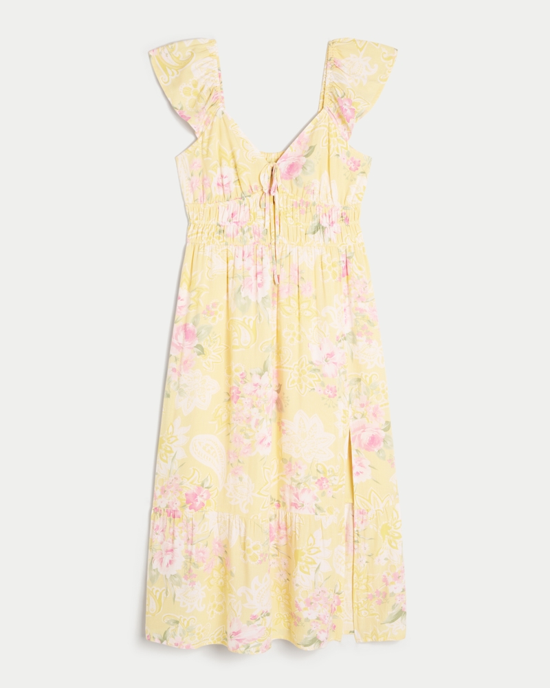 Flutter Sleeve Double-Tie Midi Dress