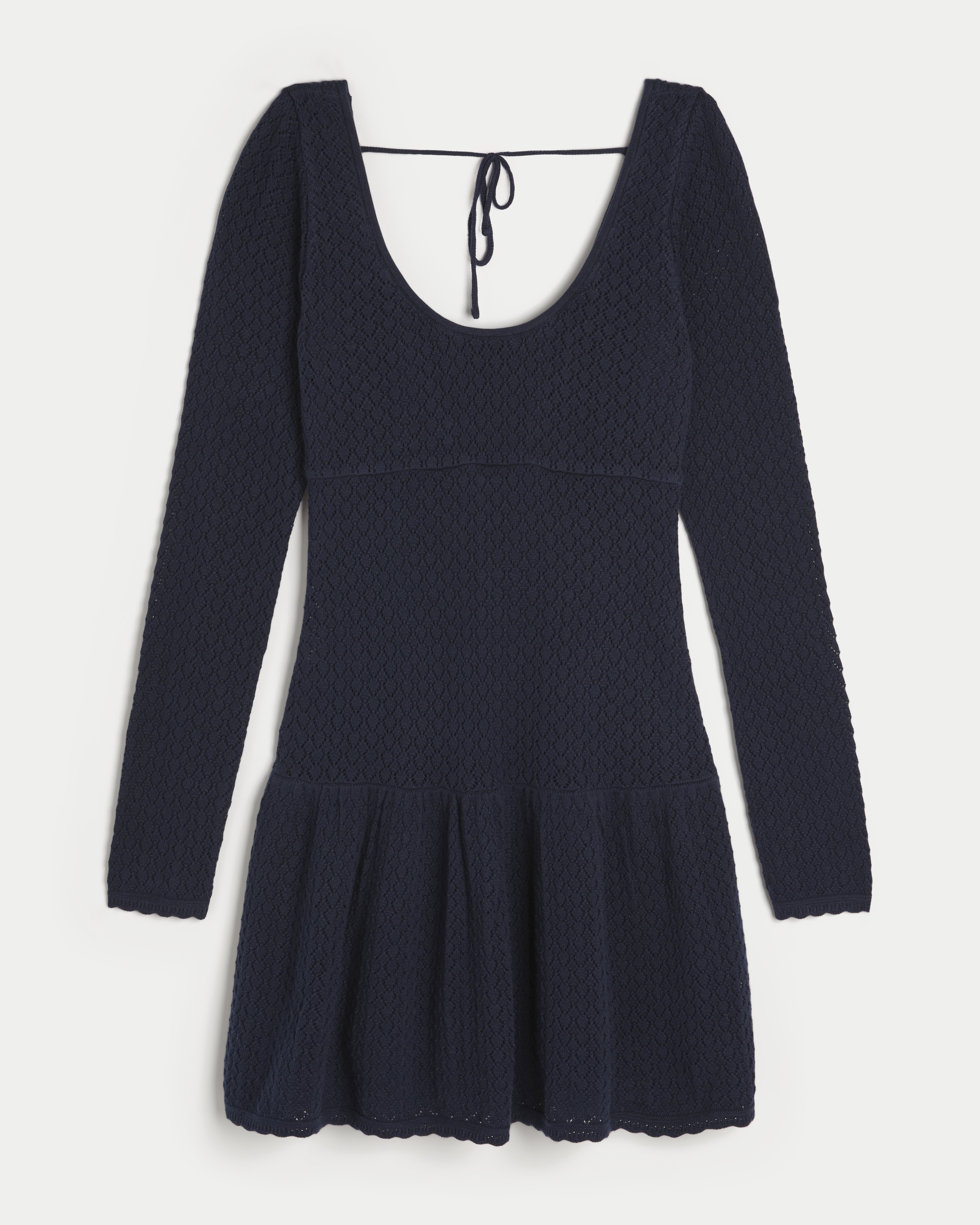 Long-Sleeve Drop-Waist Crochet-Style Mini Skater Dress