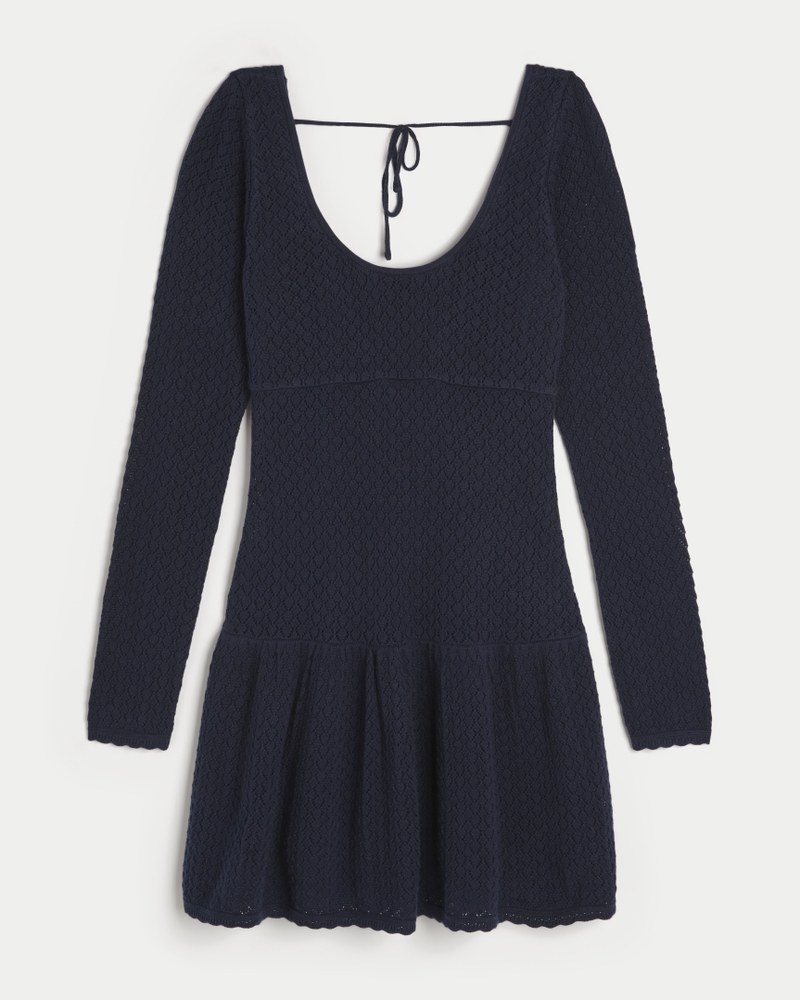 Long-Sleeve Drop-Waist Crochet-Style Mini Skater Dress