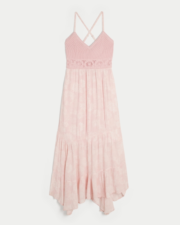 Crochet-Style Mix V-Neck Maxi Dress, Light Pink Floral view 1