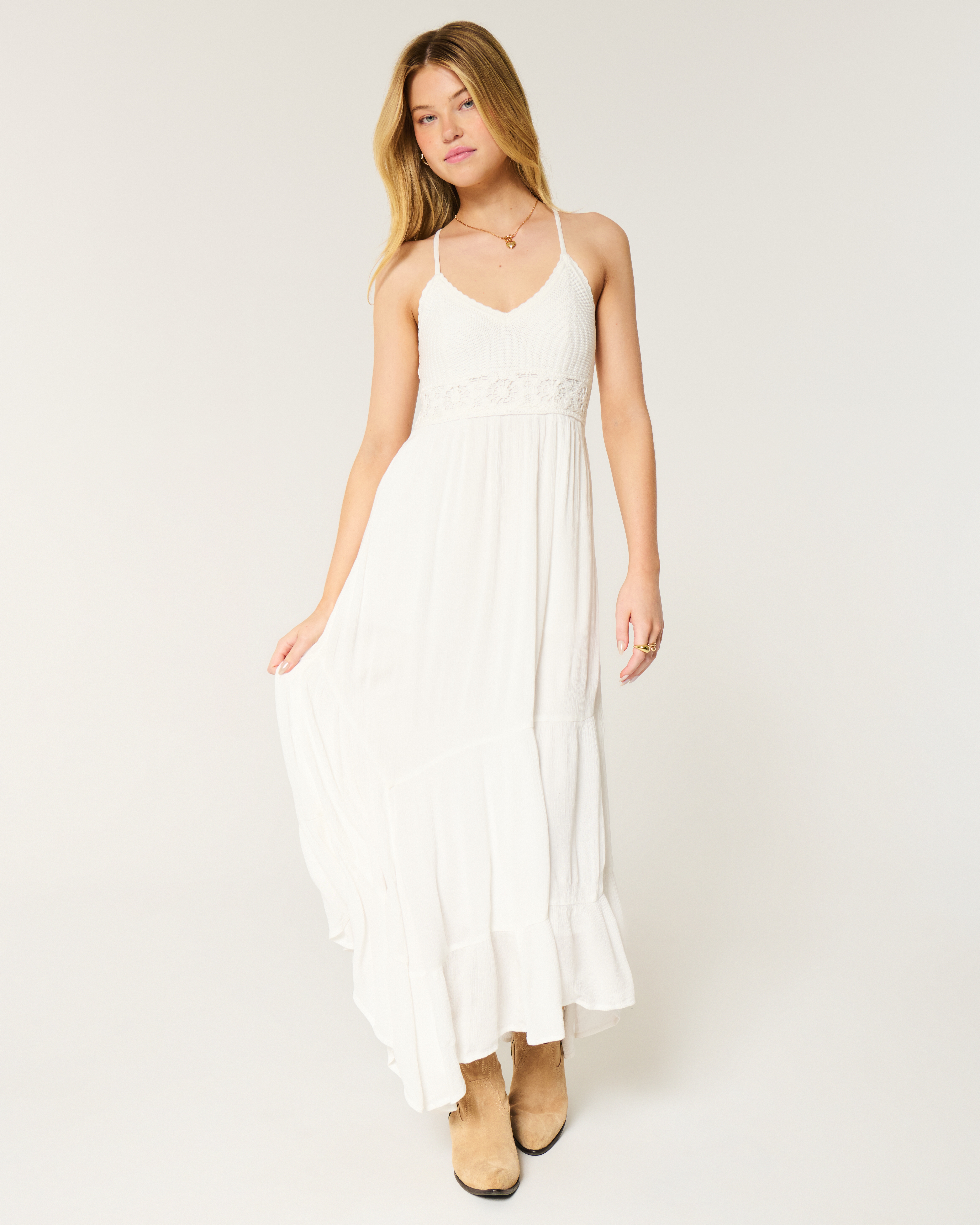 Mixed Fabric Crochet-Style Maxi Dress