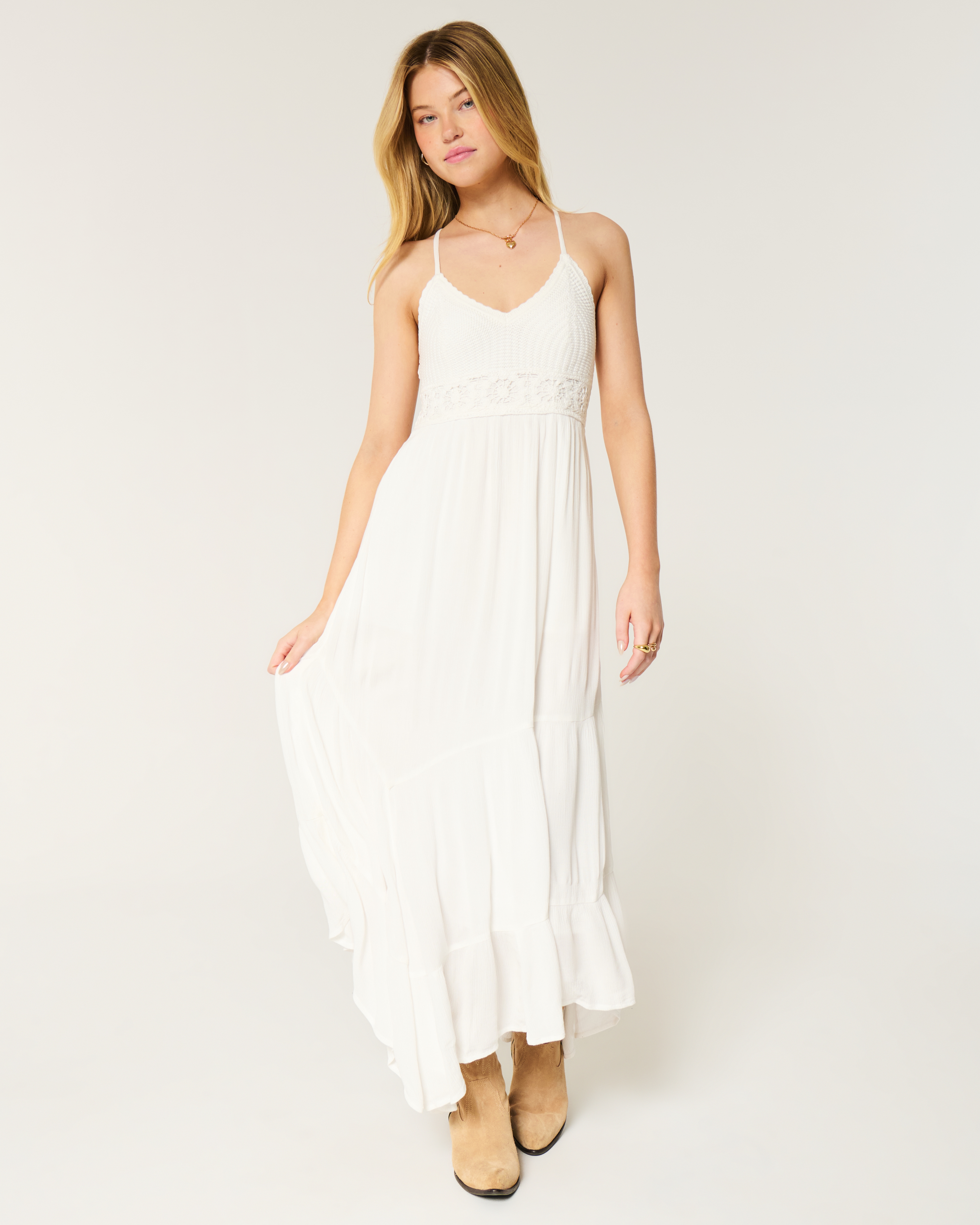 Mixed Fabric Crochet-Style Maxi Dress