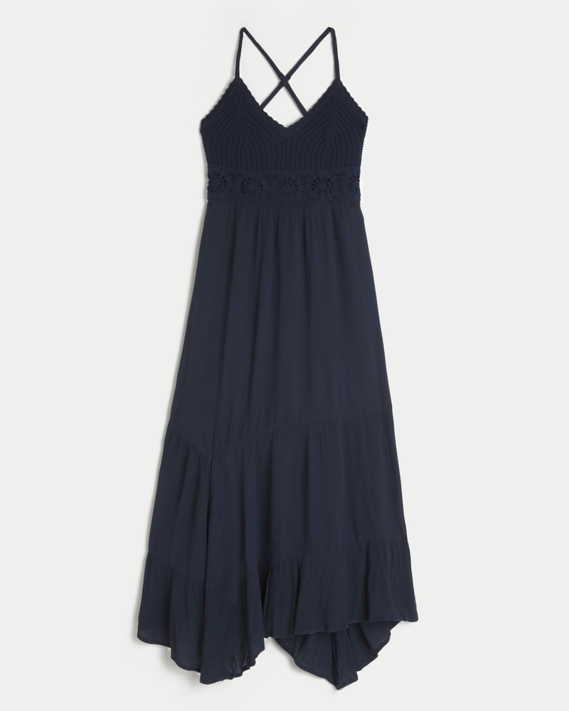 Mixed Fabric Crochet-Style Maxi Dress