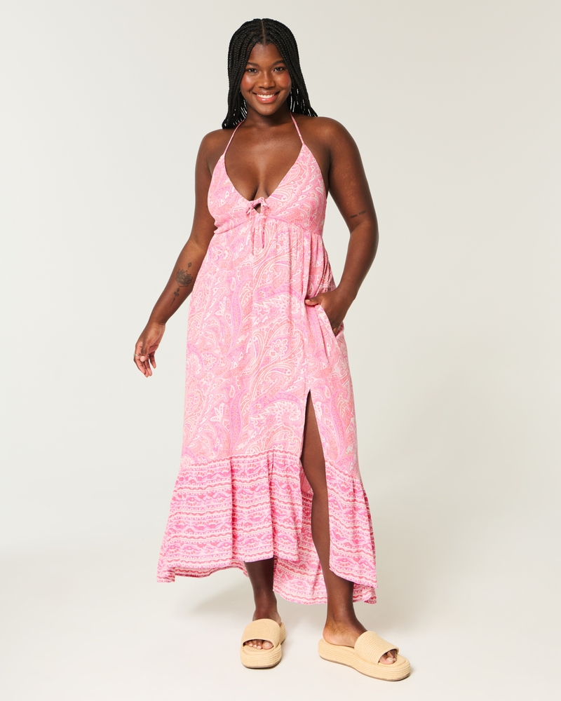 Asymmetrical Hem Halter Maxi Dress
