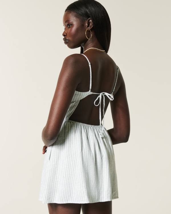 Open-Back Linen-Blend Skort Dress, Light Green Stripe view 2