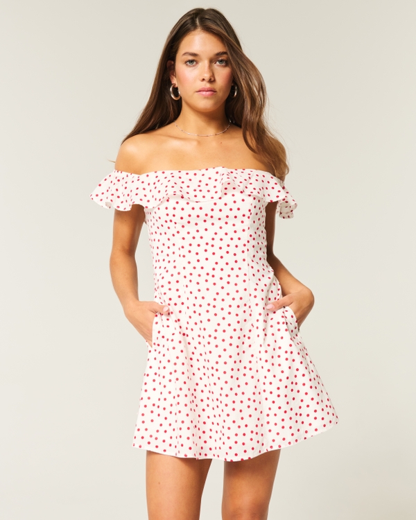 Off-the-Shoulder A-Line Ruffle Mini Dress, White Dot view 1