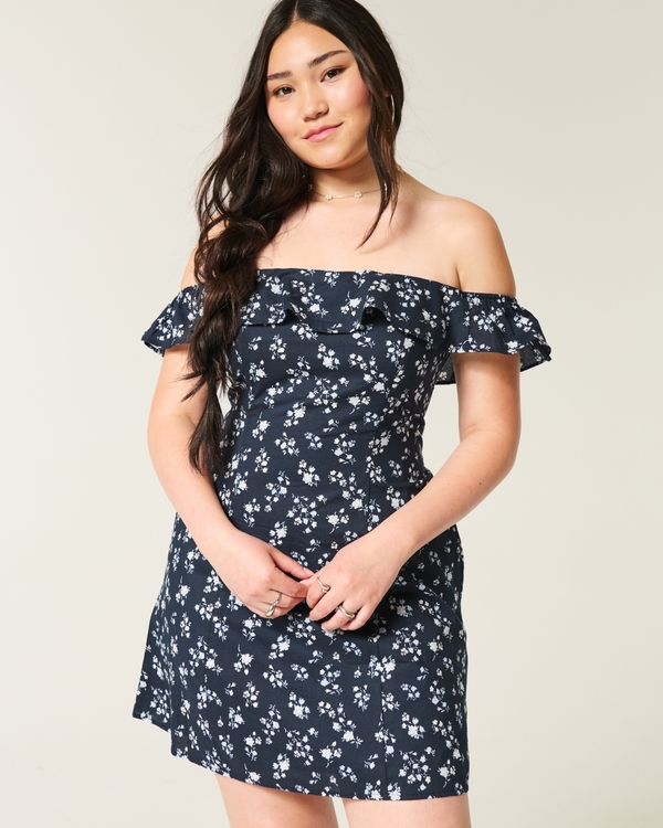 Off-the-Shoulder A-Line Ruffle Mini Dress, Navy Blue Floral view 1
