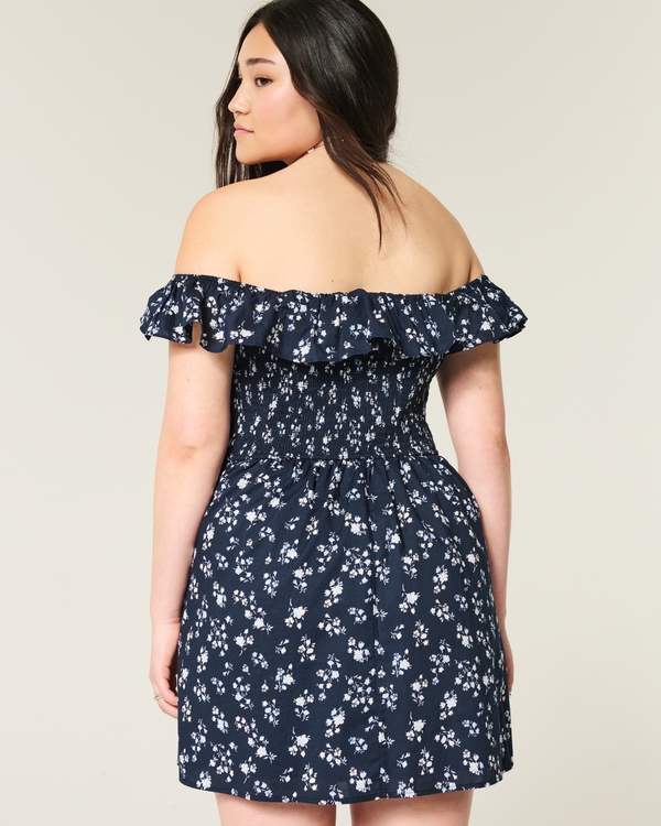 Off-the-Shoulder A-Line Ruffle Mini Dress, Navy Blue Floral view 2