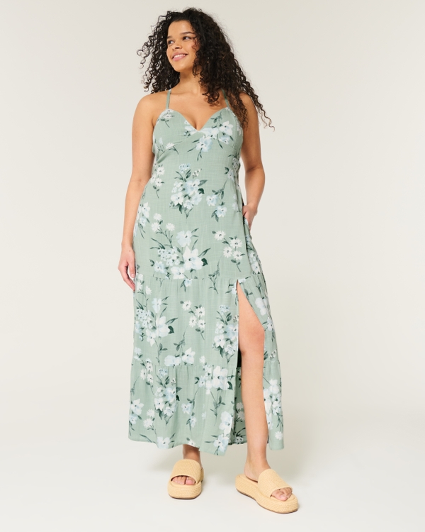 Open Back Maxi Dress, Eucalyptus Green Floral view 1