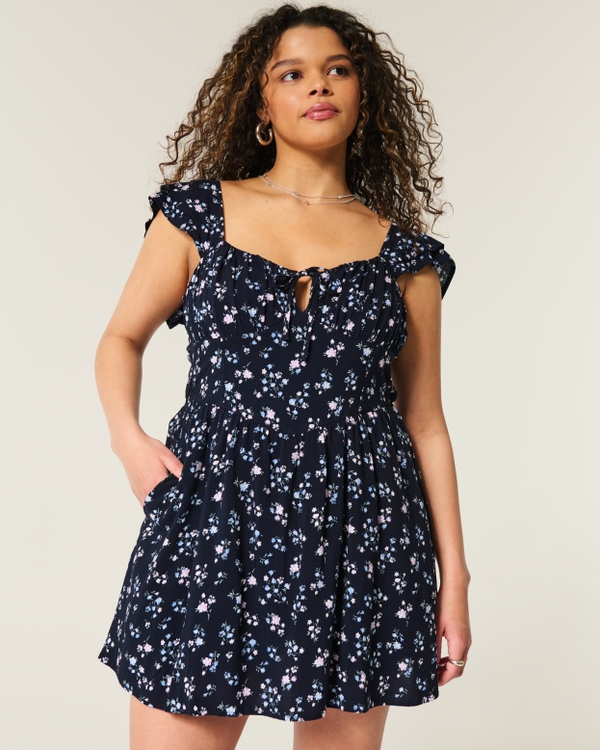 Minivestido de manga acampanada con cintura en V, Floral Azul Marino view 1