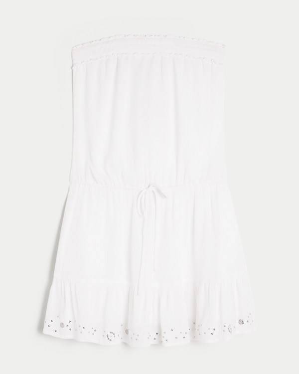 Strapless Drawstring Blouson Mini Dress, White view 1
