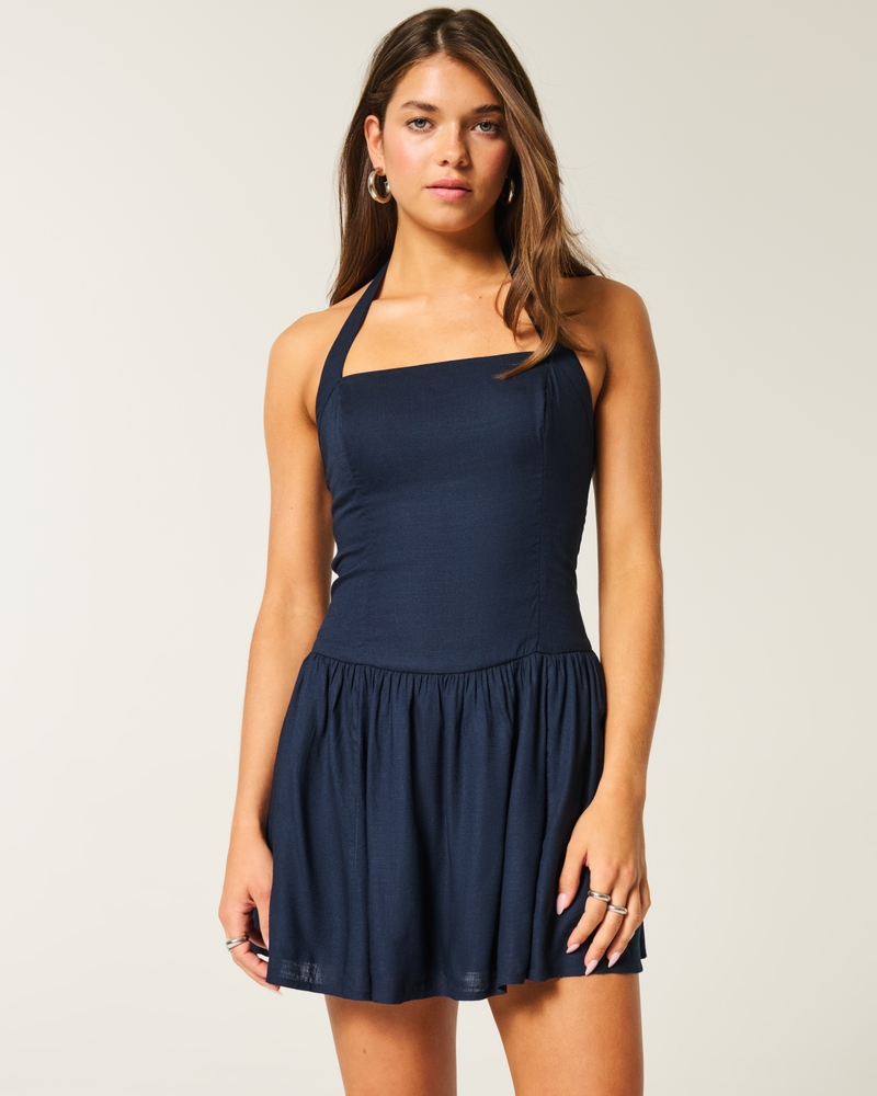 Long-Sleeve Drop-Waist Crochet-Style Mini Skater Dress