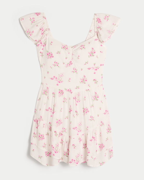 Flutter Sleeve Pinch Bust Mini Skort Dress, White And Pink Floral view 1