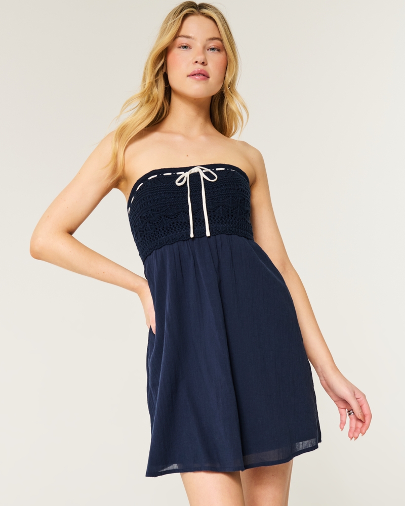 Long-Sleeve Drop-Waist Crochet-Style Mini Skater Dress