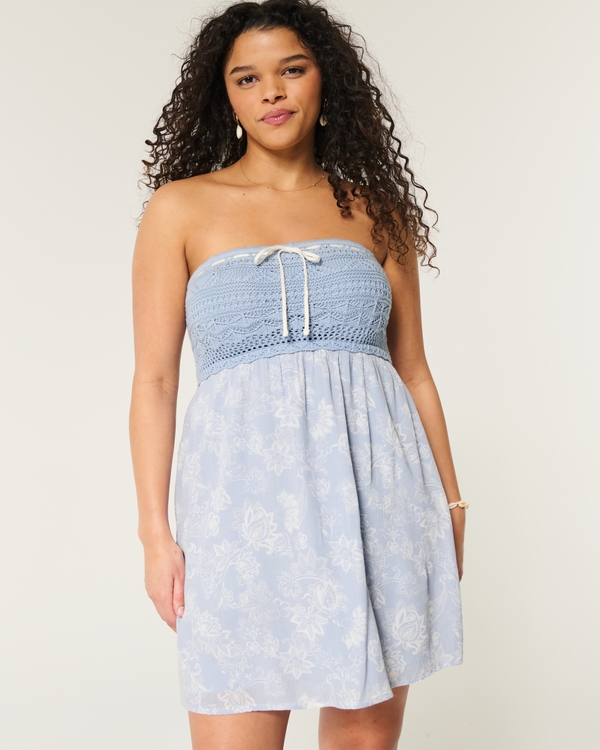Crochet-Style Mix Strapless Mini Dress, Blue Floral view 1
