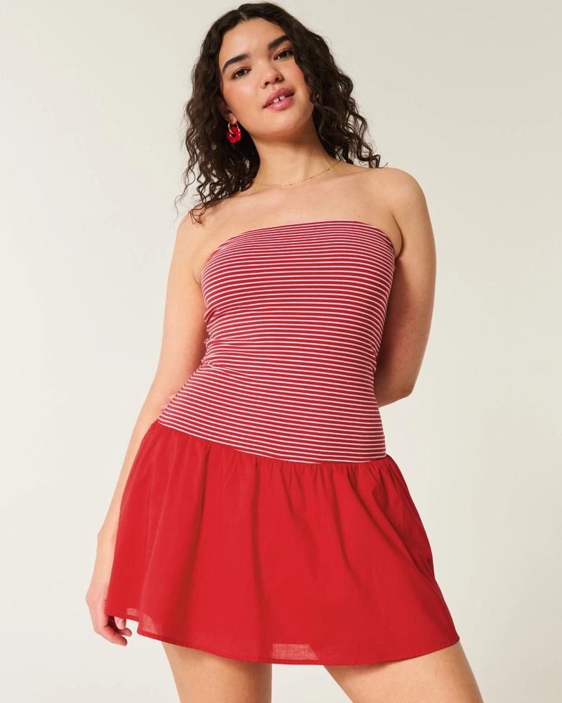 Strapless Drop-Waist Knit-Woven Mini Dress