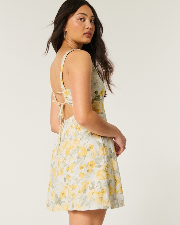 Linen-Blend Structured Mini Dress, Yellow Floral view 1