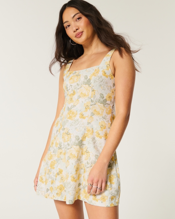Linen-Blend Structured Mini Dress, Yellow Floral view 2
