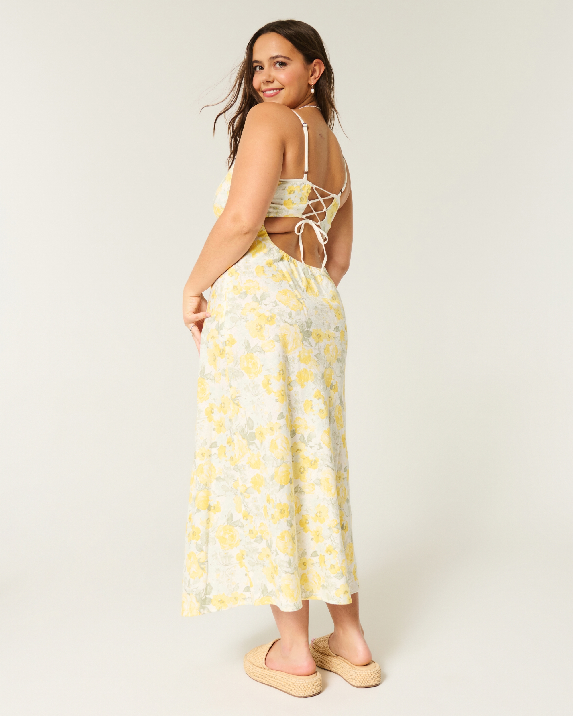 Linen-Blend Open Back Slip Midi Dress