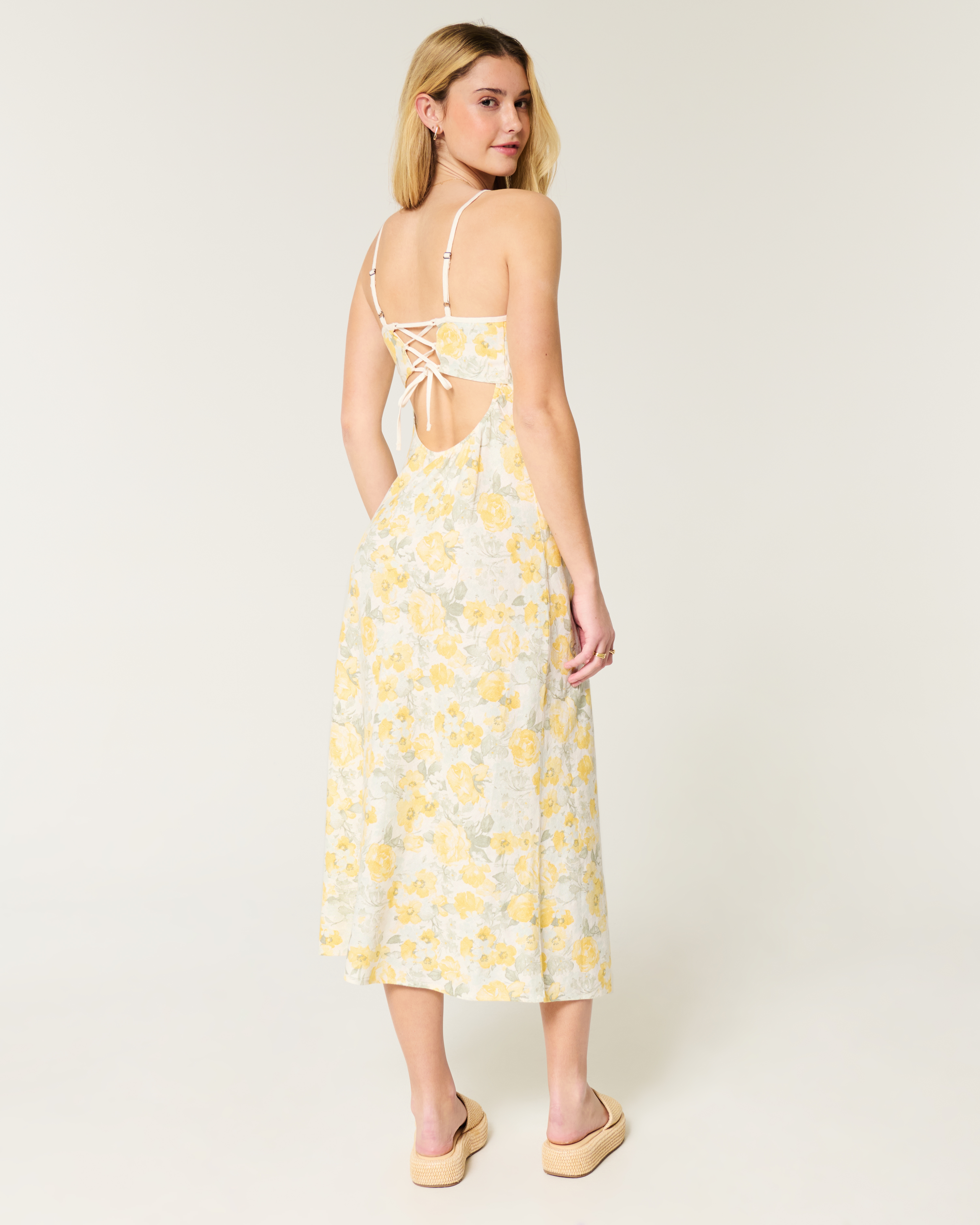 Linen-Blend Open Back Slip Midi Dress