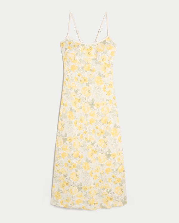 Linen-Blend Open Back Slip Midi Dress, White Floral view 2