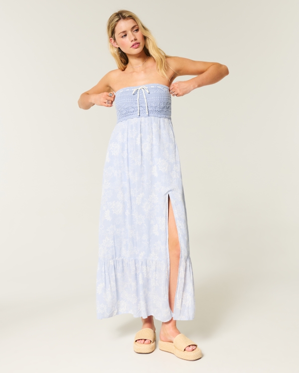 Strapless Crochet-Style Mix Maxi Dress, Dusty Blue Floral view 1