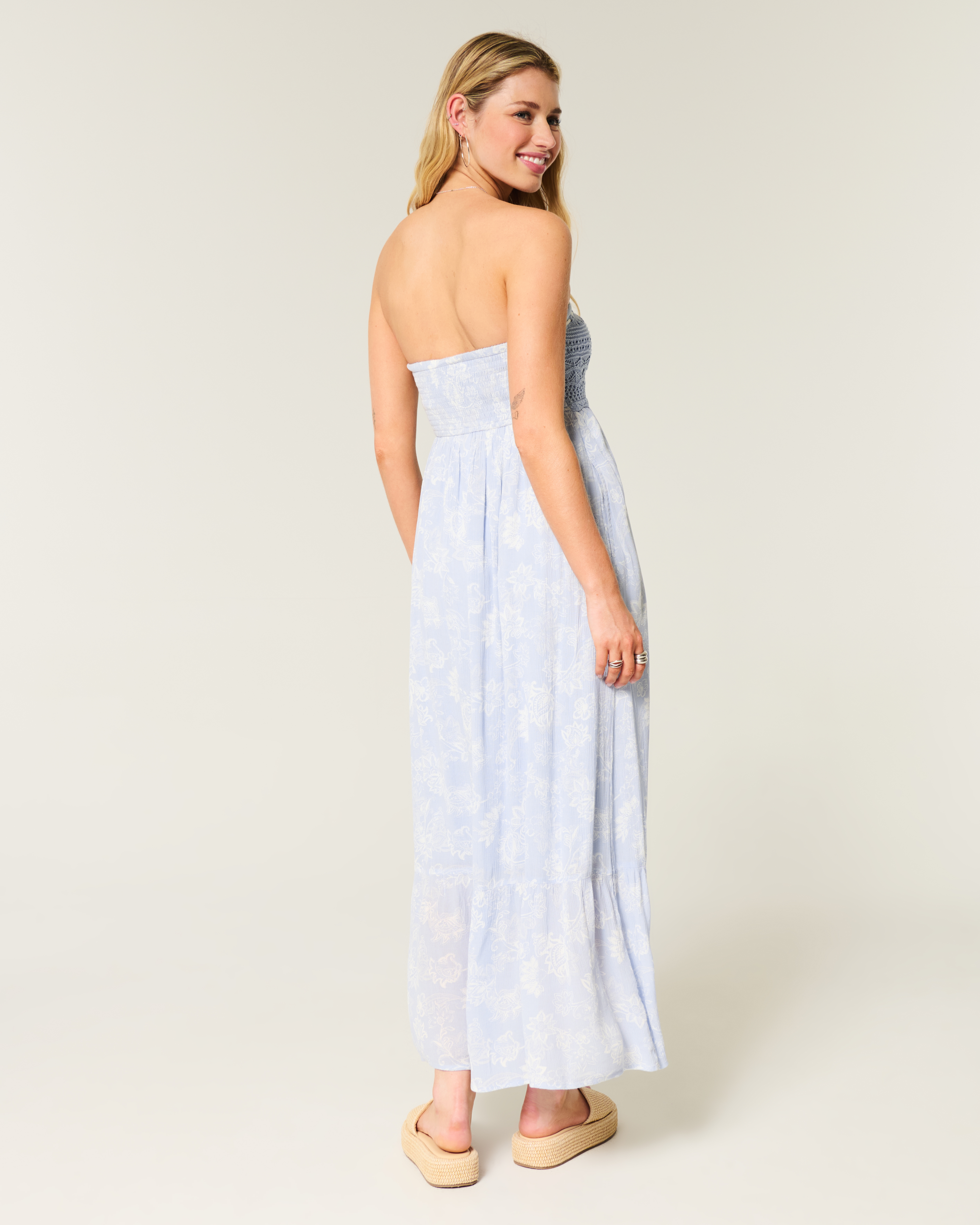 Strapless Crochet-Style Mix Maxi Dress
