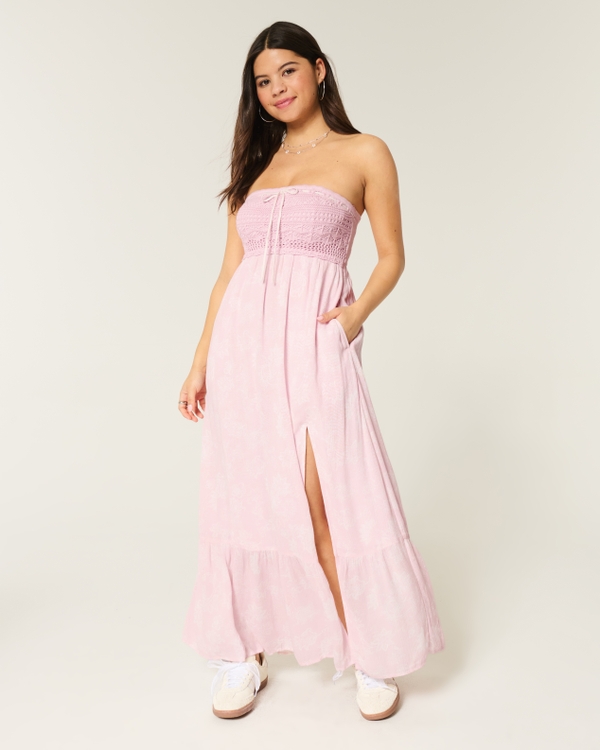 Strapless Crochet-Style Mix Maxi Dress, Rose Quartz Floral view 1