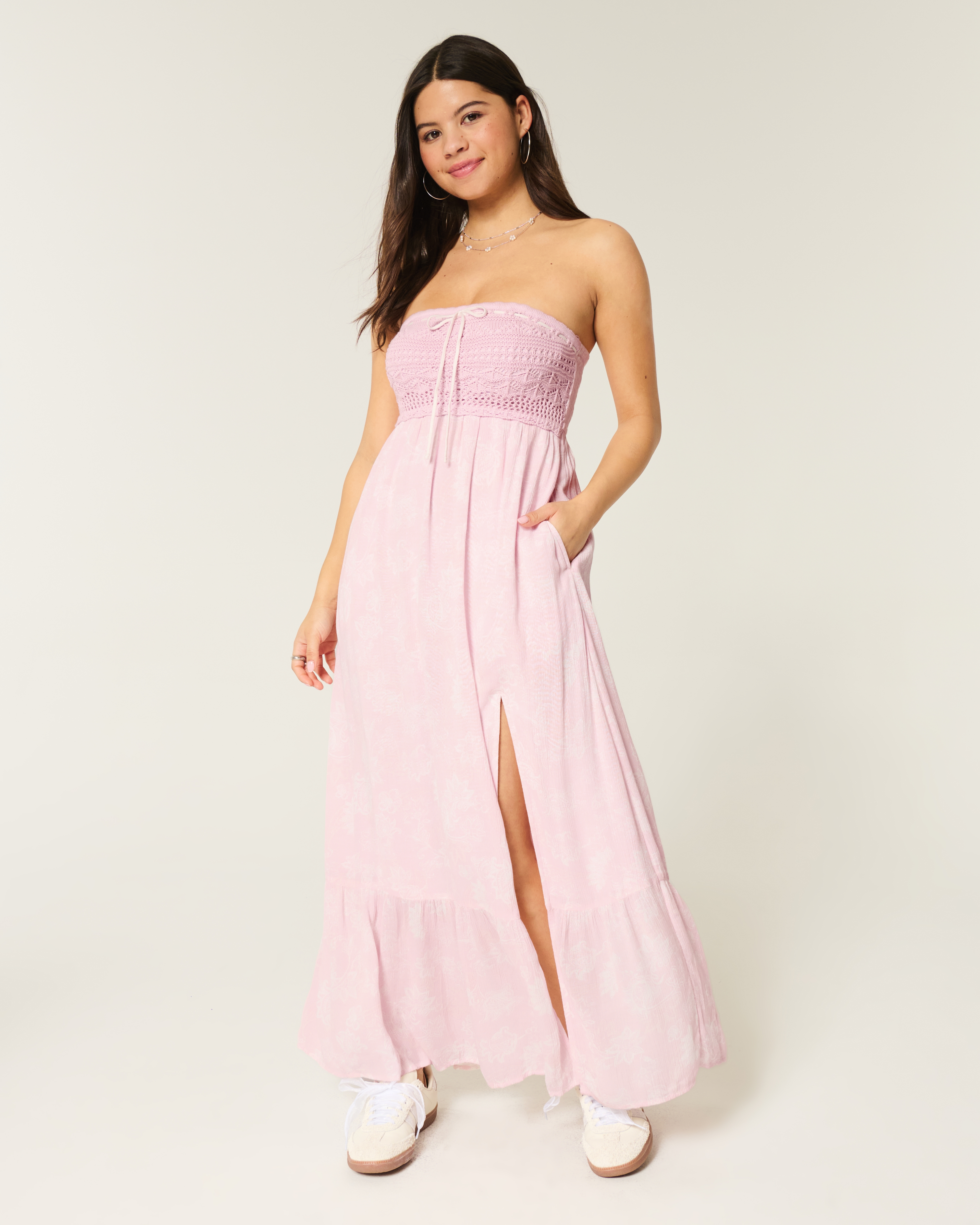 Strapless Crochet-Style Mix Maxi Dress