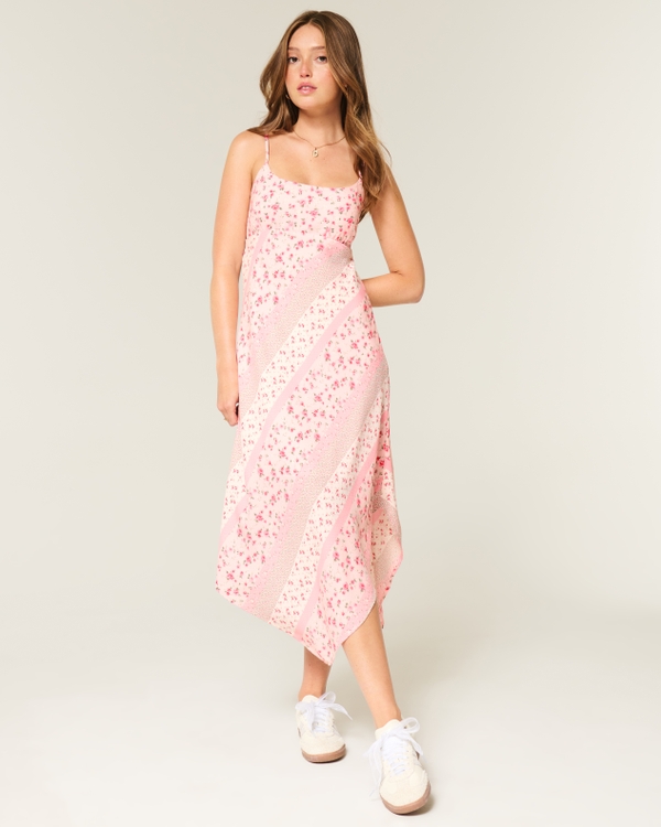 Asymmetrical Hem Midi Dress, Light Pink Floral view 1