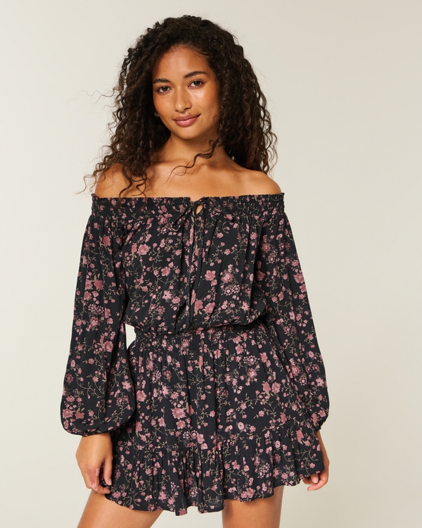 On/Off-the-Shoulder Woven Dress, Black Floral view 1