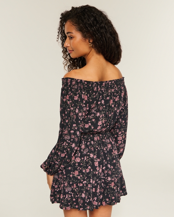 On/Off-the-Shoulder Woven Dress, Black Floral view 2