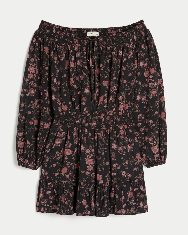 On/Off-the-Shoulder Woven Dress, Black Floral view 1