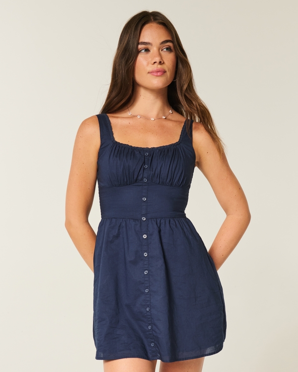 Button-Front Mini Dress, Navy Blue view 1