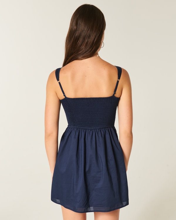 Button-Front Mini Dress, Navy Blue view 2