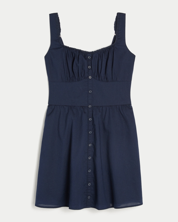 Button-Front Mini Dress, Navy Blue view 1