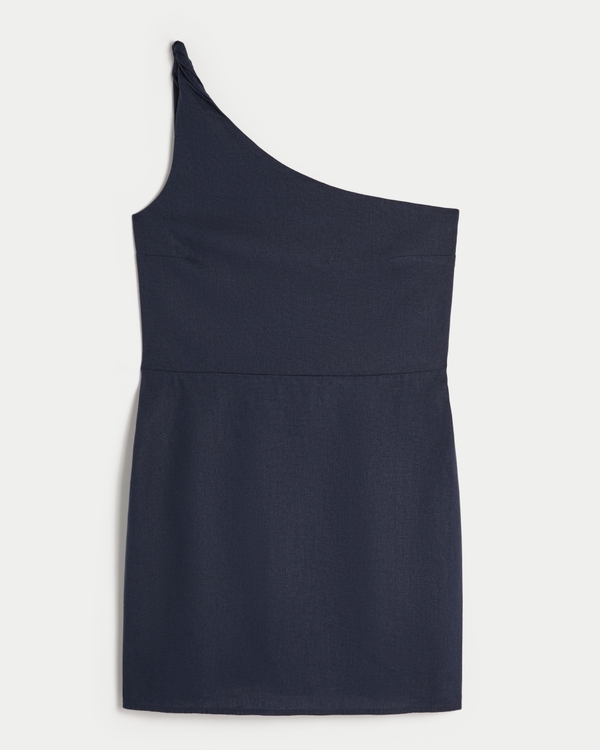 Linen-Blend Asymmetrical Mini Dress, Navy Blue view 1