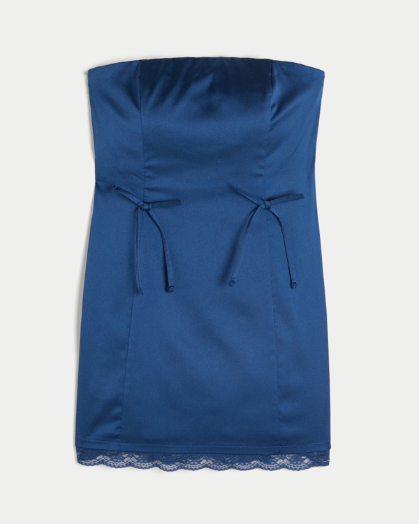Satin Strapless Bow Bodycon Dress, Dark Blue view 1