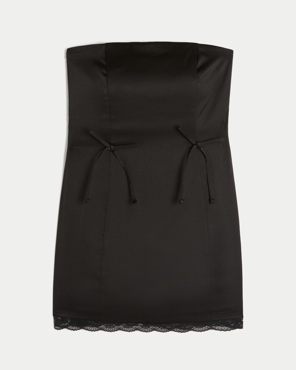 Satin Strapless Bow Bodycon Dress, Black view 1