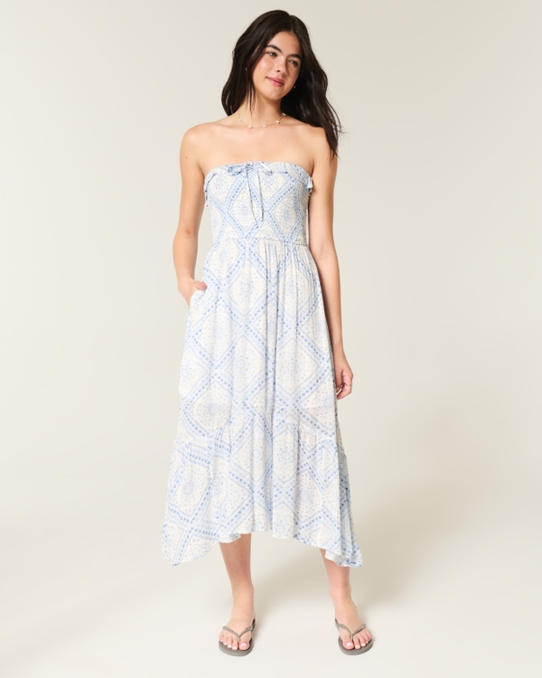 Strapless Smocked Maxi Dress, White Pattern view 2