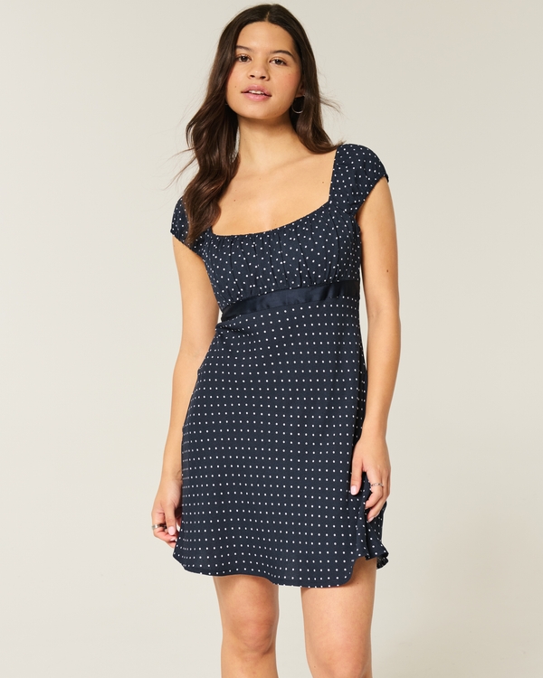 Crepe Satin Band Mini Dress, Navy Blue Dot view 1