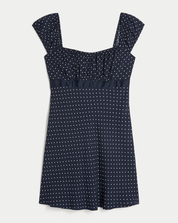 Crepe Satin Band Mini Dress, Navy Blue Dot view 1